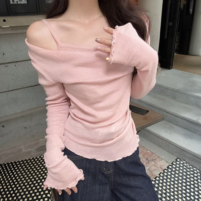 비비에모 여성용 카르디 브이랩 오프숄더 이중 티셔츠 10988