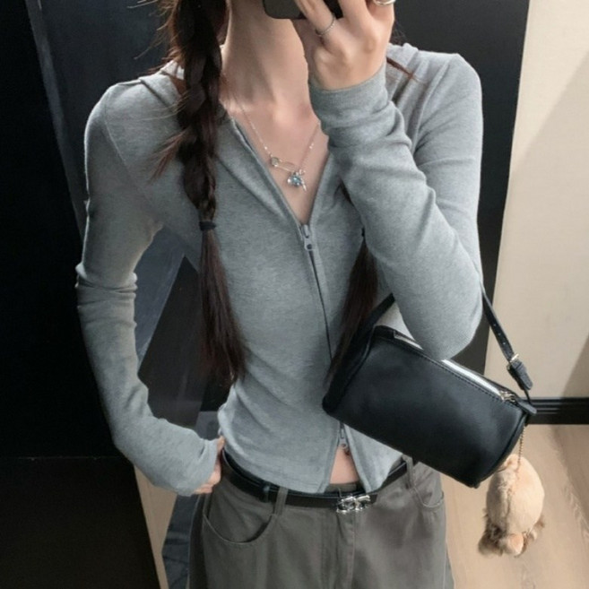 I'M MONG 女款修身連帽素色雙向拉鍊長袖連帽外套 R6F156