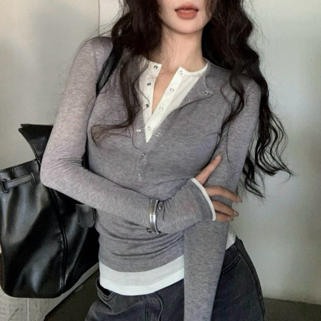 아이엠몽 여성용 라브린 슬림핏 베이직 레이어드 티셔츠