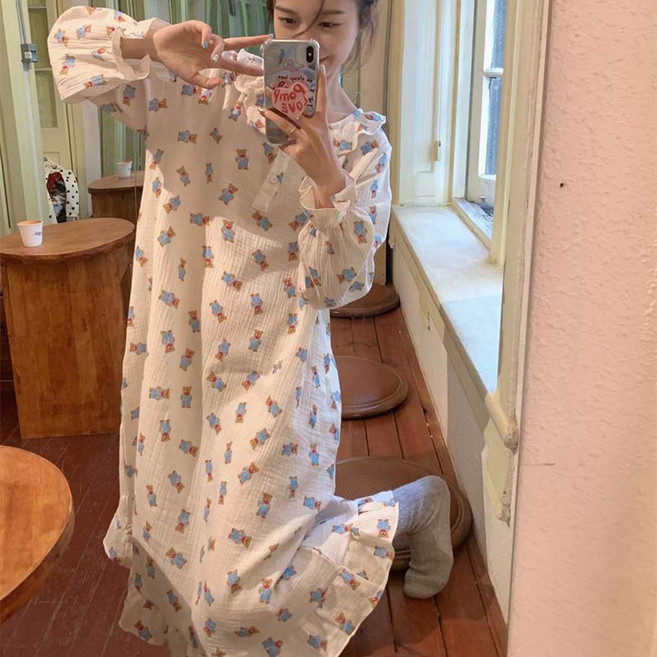 투이스타 여성용 프릴 패턴 긴팔 롱 원피스 잠옷