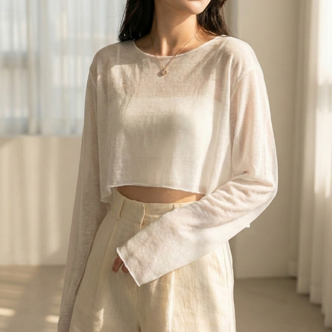 알로데 여성용 시스루 크롭 긴팔 티셔츠