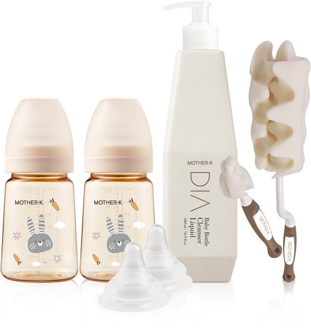 마더케이 베이직 PPSU 토끼 젖병 180ml x 2p + 1단계 젖꼭지 2p + 코코아 젖병 세척솔 2종 + 디아 젖병 세정제 세트, 1단계(신생아용), 크림(토끼젖병), 1개