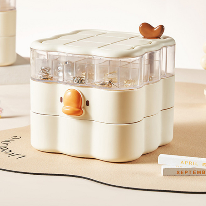 더플로우커머스 오리 캐릭터 3단 회전 대용량 주얼리 액세서리 보관함, 아이보리, 1개