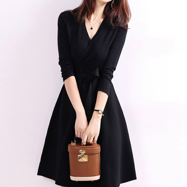 POPLARNC Mabella V領針織連身裙, 黑色