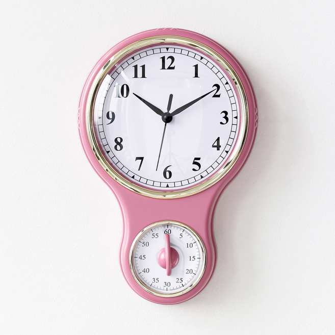 MJK 빈티지 주방타이머 무소음 벽시계, 핑크