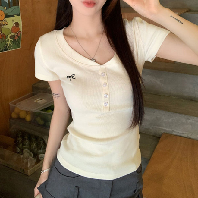 선빛 여성용 벨루아 버튼 골지 리본 포인트 단추 무지 티셔츠