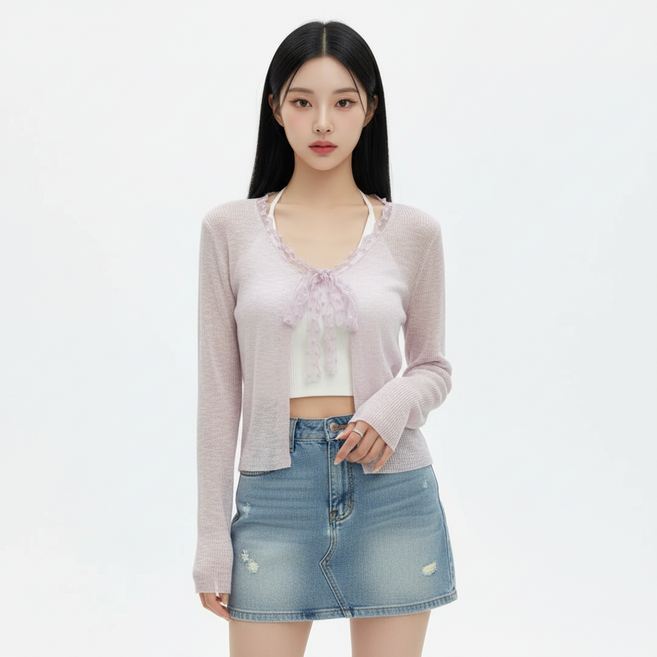 marketpia 女款蕾絲V領蝴蝶結薄款開襟衫
