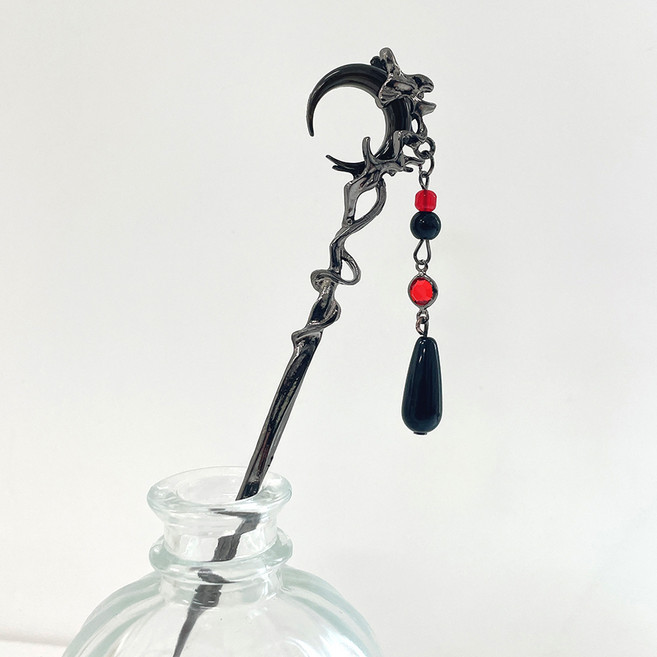 젤루나 메탈 스틱 플라워 나비 달 체인 태슬 롱드롭 유니크 전통 올림머리 뒤꽂이 비녀핀 2 검정달 H-234