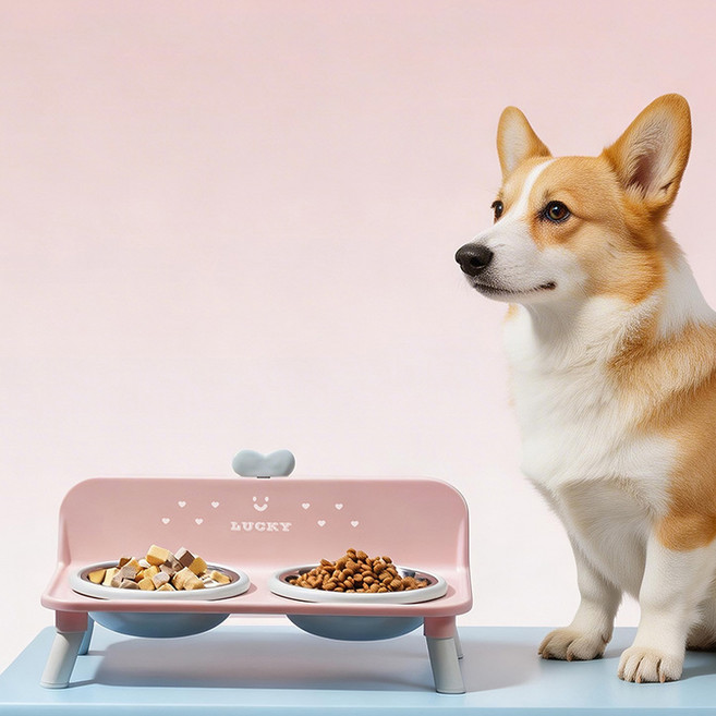 PASTEL PET 寵物幸運雙碗不鏽鋼餐具 FREE, 粉紅色, 1個