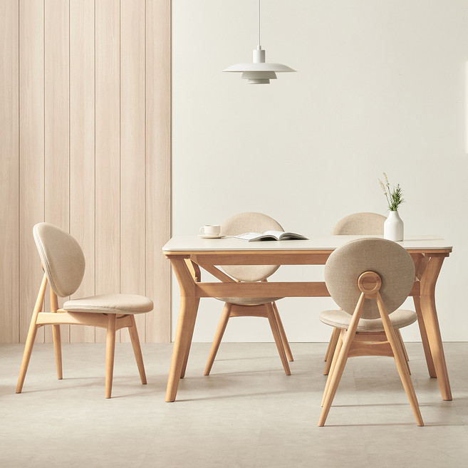 보니애가구 도버 포세린 세라믹 원목 식탁의자세트 4인용 방문설치, 로코코베이지(상판) + 내추럴(프레임), 일반의자 4