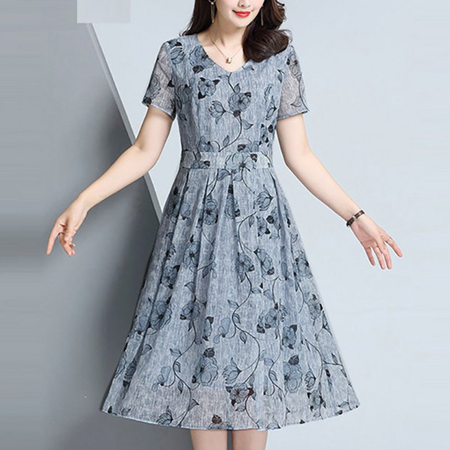 媽媽精品 腰線 中年女性 傘狀 雪紡 洋裝 含大尺碼, 藍色