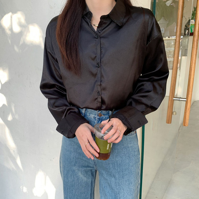 PEONIST 女款絲綢緞面翻領長袖襯衫