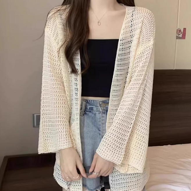 德普羅商務 女款夏季鏤空寬鬆罩衫披肩式針織開襟衫