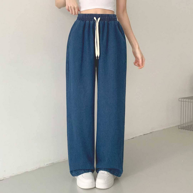 플랜데이 여성용 르비 사계절 와이드 데님 밴딩팬츠