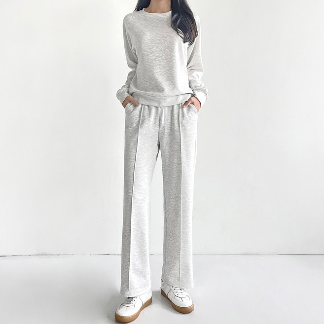 잘빠진 여성용 숏/롱 2단기장 미니멀 소프트 맨투맨 핀턱일자 상하의 세트