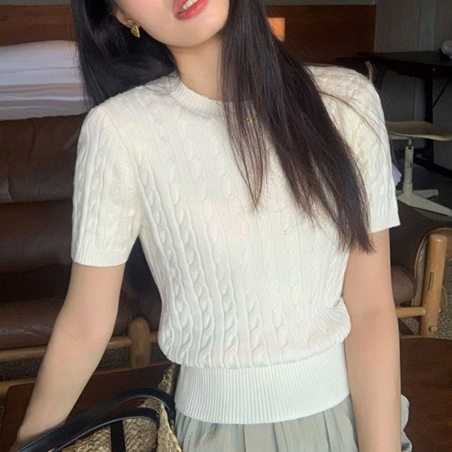 아이엠몽 여성용 슬림핏 라운드넥 케이블 짜임 반팔 니트 티셔츠 R6H109