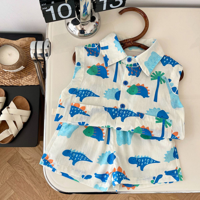 JOYMULTI 童款夏季恐龍印花無袖上衣+短褲套裝