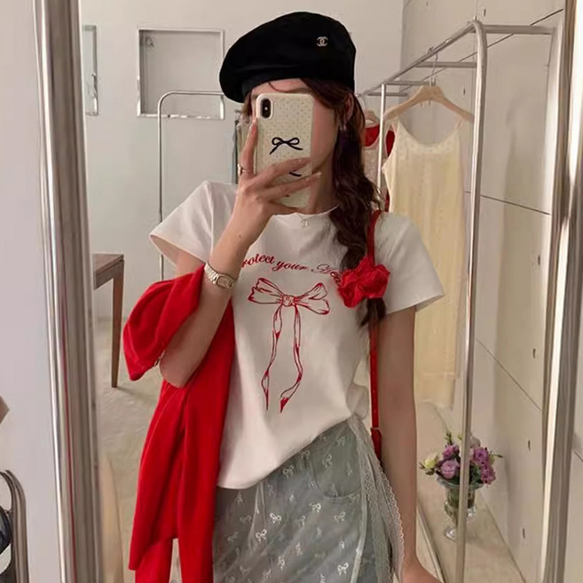 PEONIST 女款可愛蝴蝶結印花基本款短袖T恤