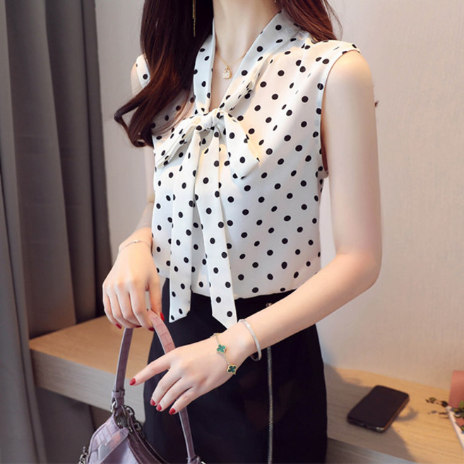 포플러앤씨 여성용 헤론 도트 리본 나시 블라우스 P25SMBL032407