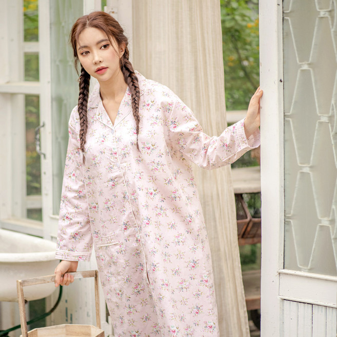 테라우드 여성용 통기성 로브 코튼 플라워 원피스 잠옷