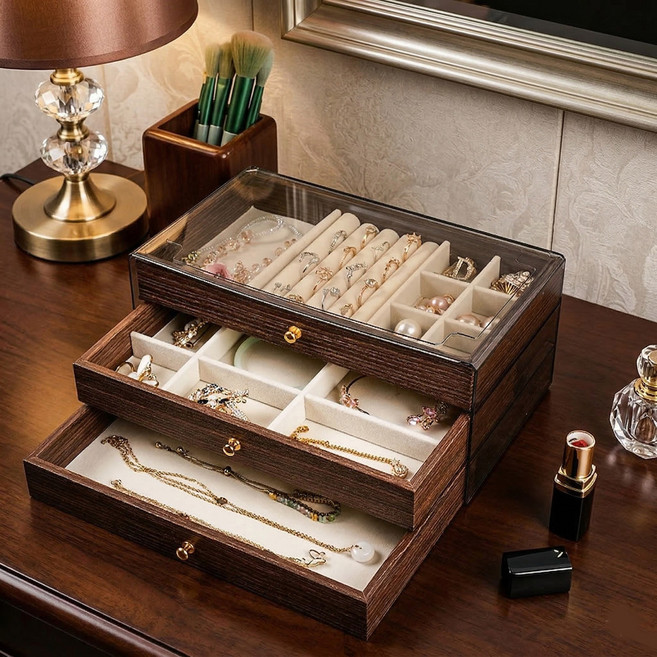 예은홈시스 프리미엄 원목 3단 대용량 쥬얼리 박스, 혼합색상, 1개