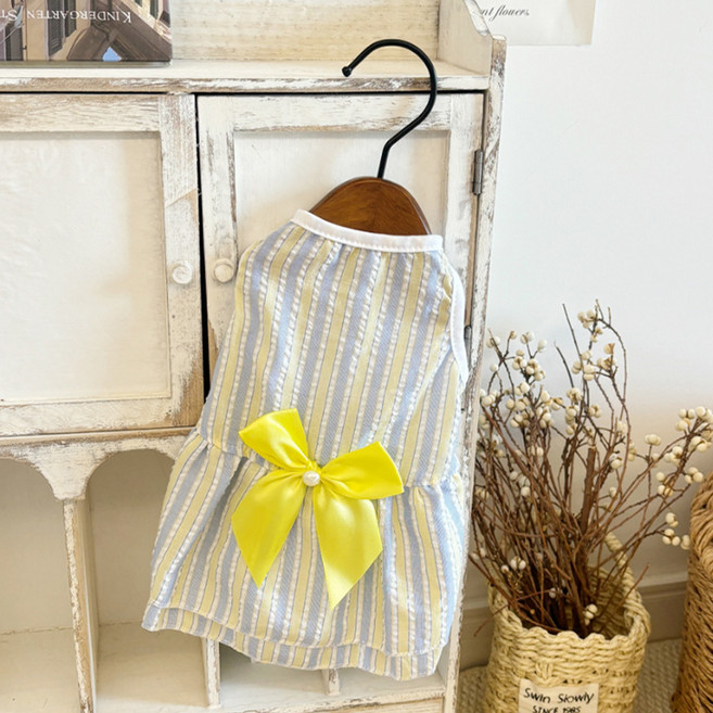 웨이비데이즈 반려동물 비즈 리본 패턴 펫 원피스 W265-0054, 옐로우, 1개