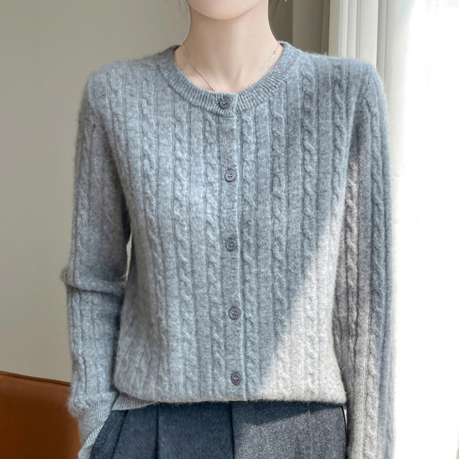 라라티나 여성용 라운드넥 트위스트 꽈배기 긴팔 스웨터 가디건