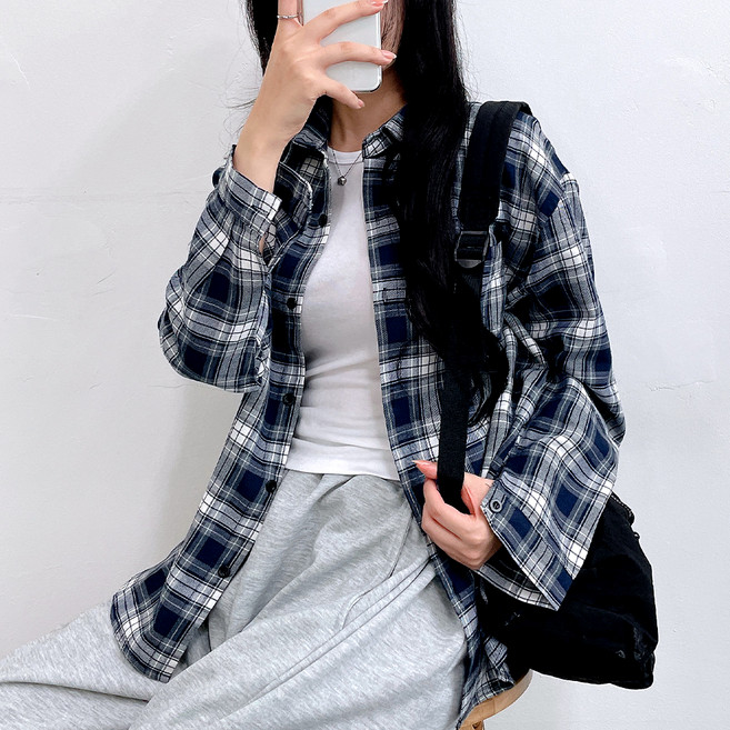 gelluna 女款棉質寬鬆格紋層次感長袖襯衫 TH-105