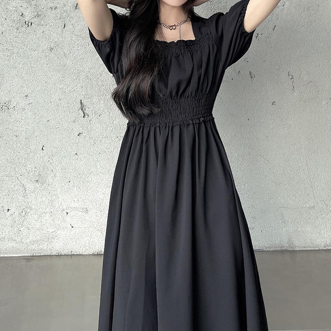 라라티나 여성용 스리온 스모크 퍼프 반팔 롱 원피스