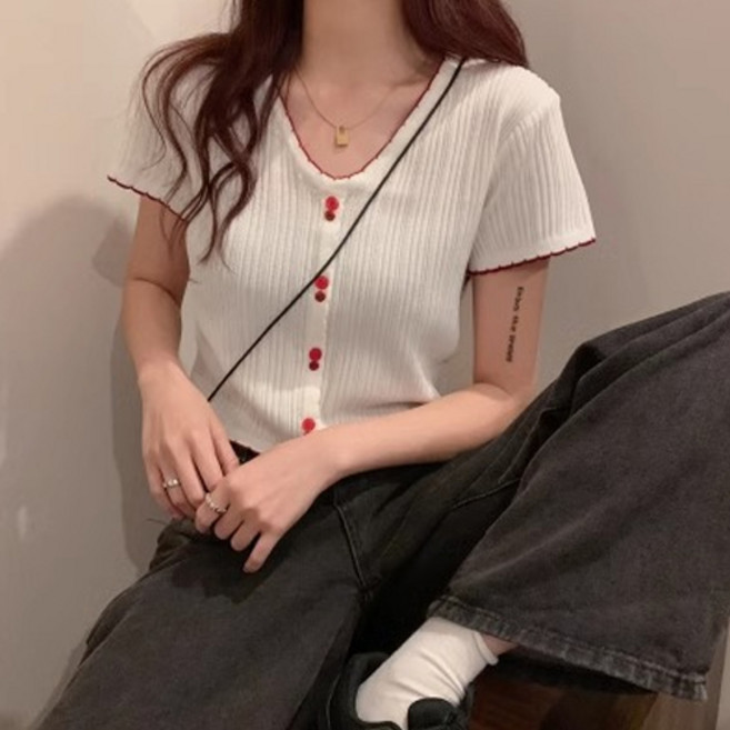 여성용 스캘럽 브이넥 크롭 슬립 니트 반팔 티셔츠