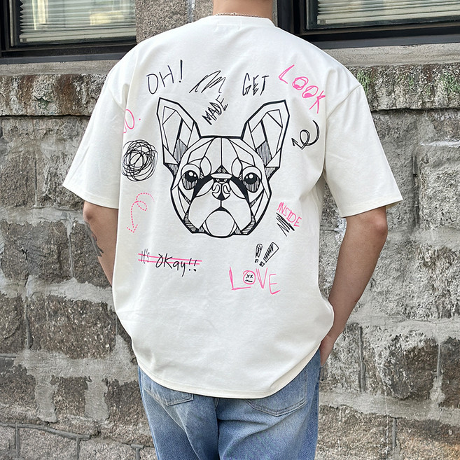 마인플로우 오버핏 드랍숄더 프린팅 HT 불독 라운드 반팔 티셔츠