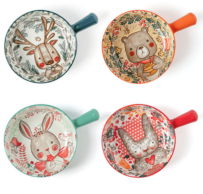 원형 손잡이 캐릭터 앞접시 그릇 4종 세트, 1세트, 블루 + 오렌지 + 민트 + 레드