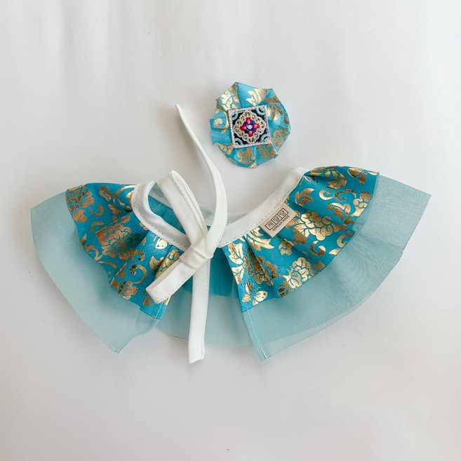 개달당 추석 설날 반려동물 한복 케이프 + 머리핀 세트, 몽룡이블루, 1개