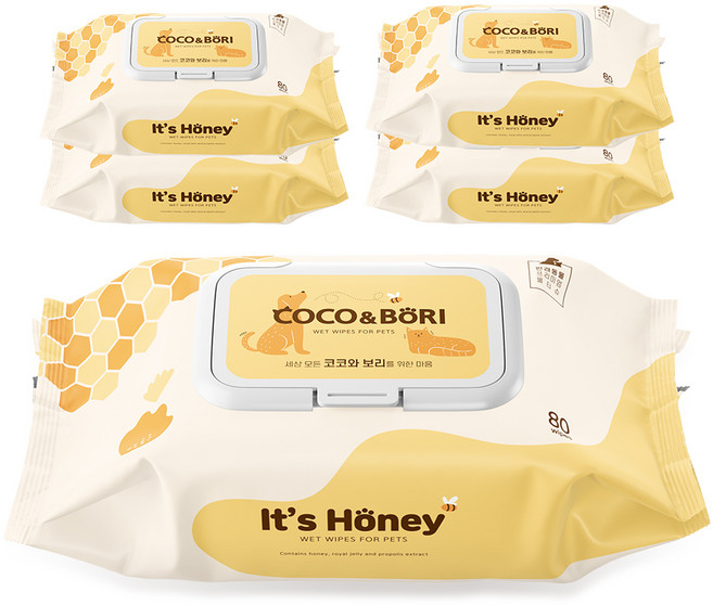코코와보리 잇츠 허니 반려동물 물티슈, 80개입, 5개