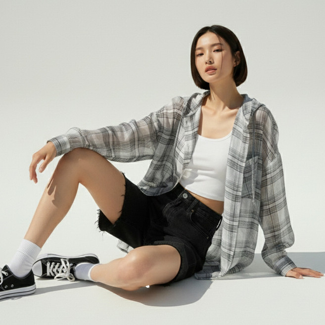 MEICHEL 女款 Beriel 格紋雪紡連帽寬鬆襯衫 12427