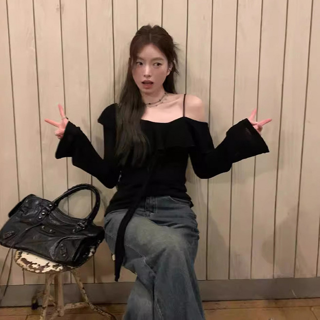 피어니스트 여성용 원 오프숄더 프릴 스트랩 홀터 티셔츠