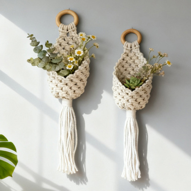 德芙洛商務 波西米亞風棉質掛毯網袋壁掛裝飾, 棉白色