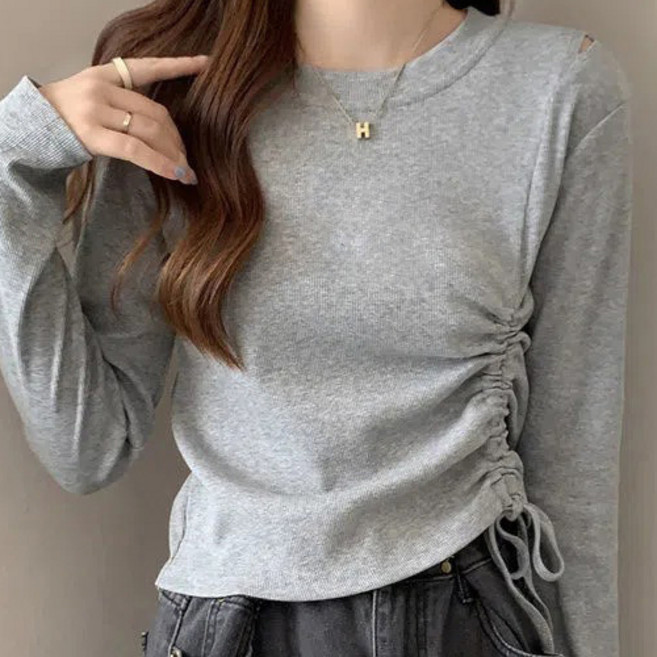 더플로우커머스 여성용 사이드조절 언발 셔링 슬림 긴팔 티셔츠