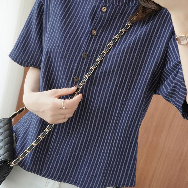 Elsso 女款條紋法式立領短袖上衣