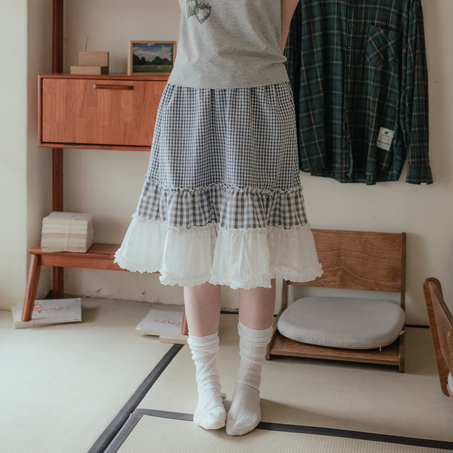 highschooldisco 混搭格紋蛋糕中長裙