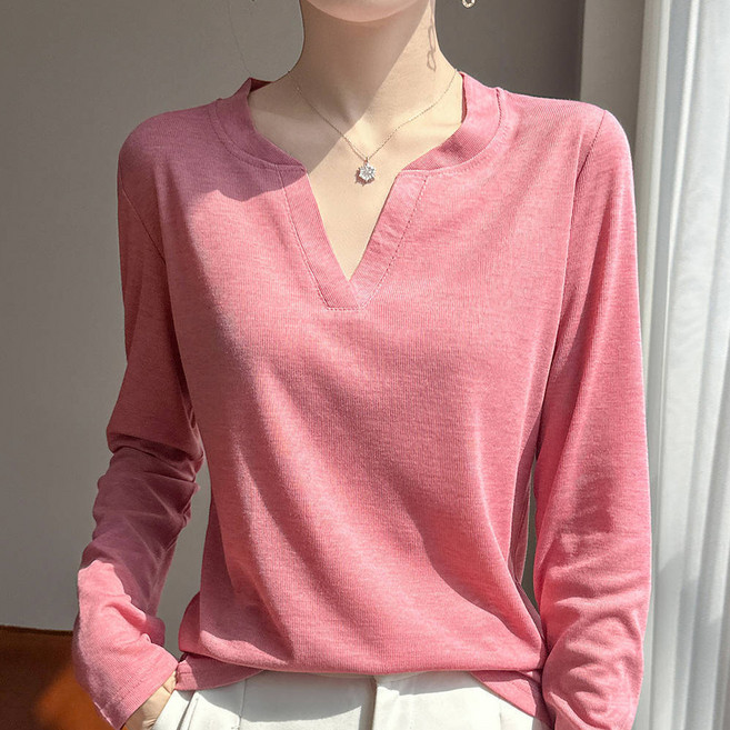 더시럽 여성용 얇은 V넥 슬림 긴팔 니트 티셔츠