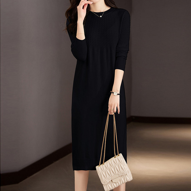 Queenis 女款麻花編織針織連身裙, 黑色