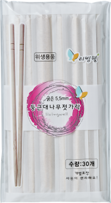 리빙웰 굵은 5.5mm 둥근 대나무 젓가락, 30개입, 1개