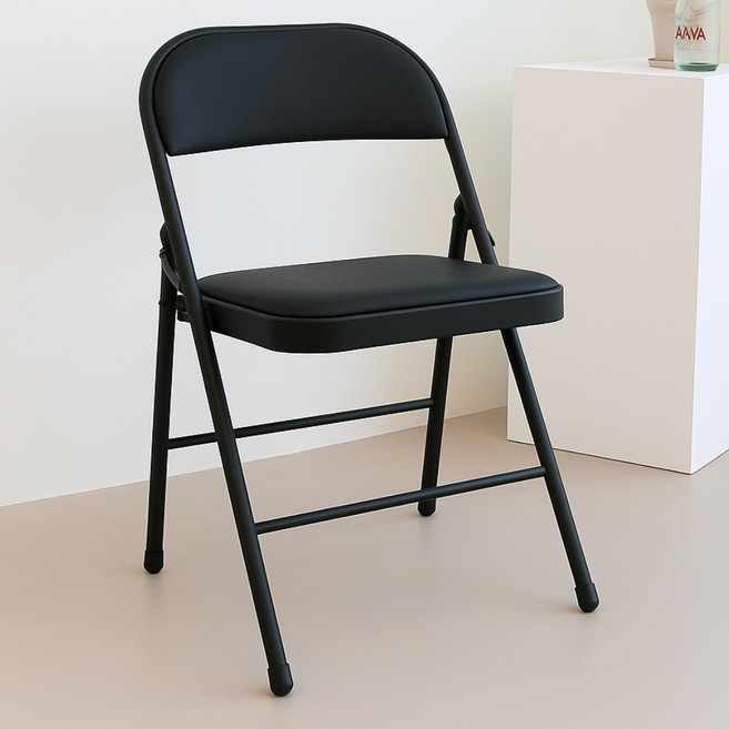 일상도구 철제 접이식 쿠션 등받이 의자, 블랙, 1개