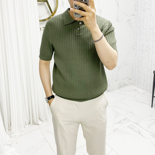 아도르클래식 남성용 골지 버튼 카라 니트 반팔티