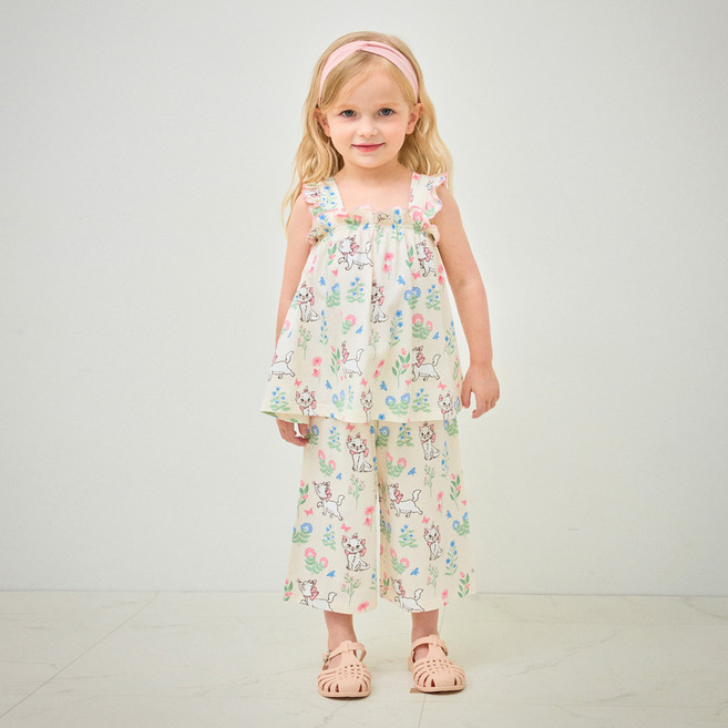 mollimelli 兒童款迪士尼瑪麗貓可可花朵無袖上衣+下身套裝