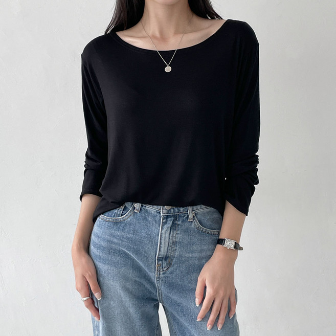 투데이앤룩 여성용 플레인 무드 보트넥 긴팔 티셔츠