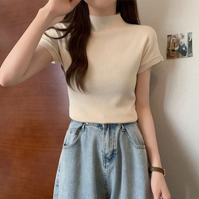 피어니스트 여성용 하프터틀넥 캐주얼 반팔 티셔츠