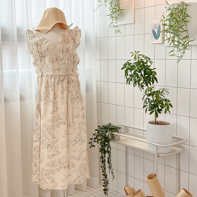 뜨왈 내추럴 광목 옆트임 프릴 원피스 앞치마, 베이지, 1개