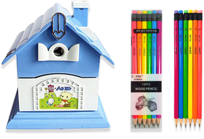 티티 홈샤파 연필깎이 KI-700 + 투코비 코마 삼각 지우개 연필 TC-208 6종 x 2p 세트, 블루(연필깎이), 혼합색상(연필), 1세트